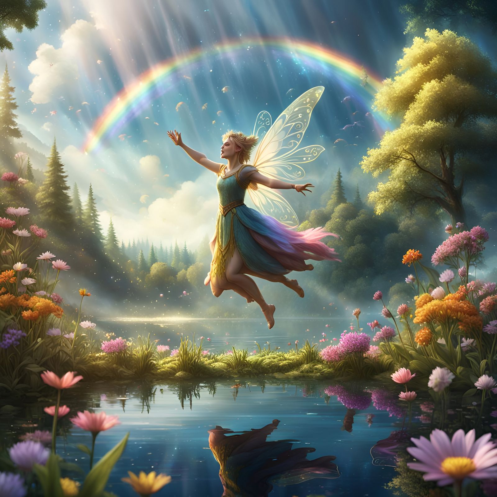 Fairy Creates Rainbows Over Lake: Fantasy Art