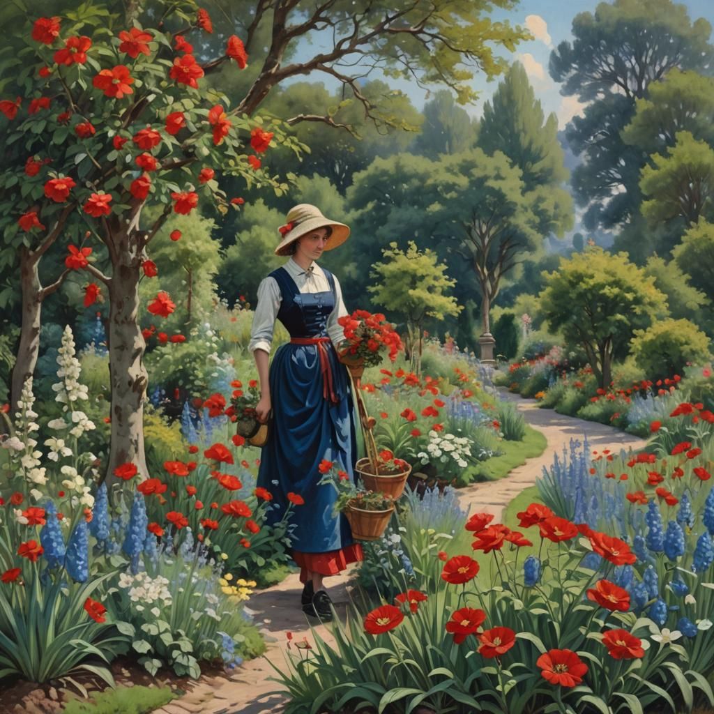 Gardeners in a Blossoming Garden, Oil Painting
