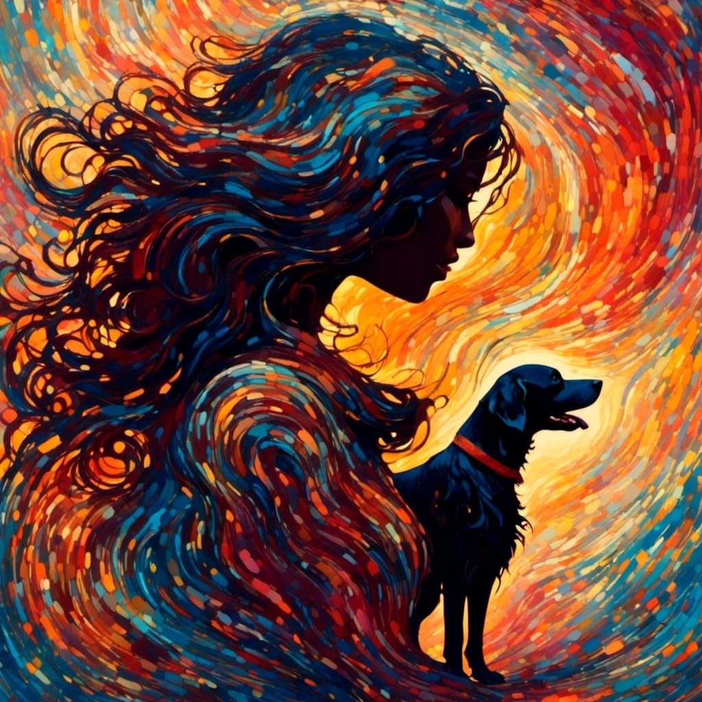Woman and Dog Silhouette with Vibrant Background