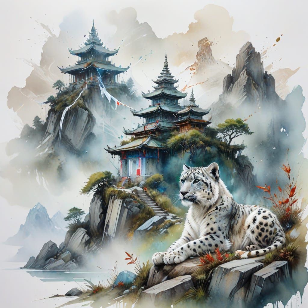 Ethereal Himalayan Temple Scene in Watercolour Style