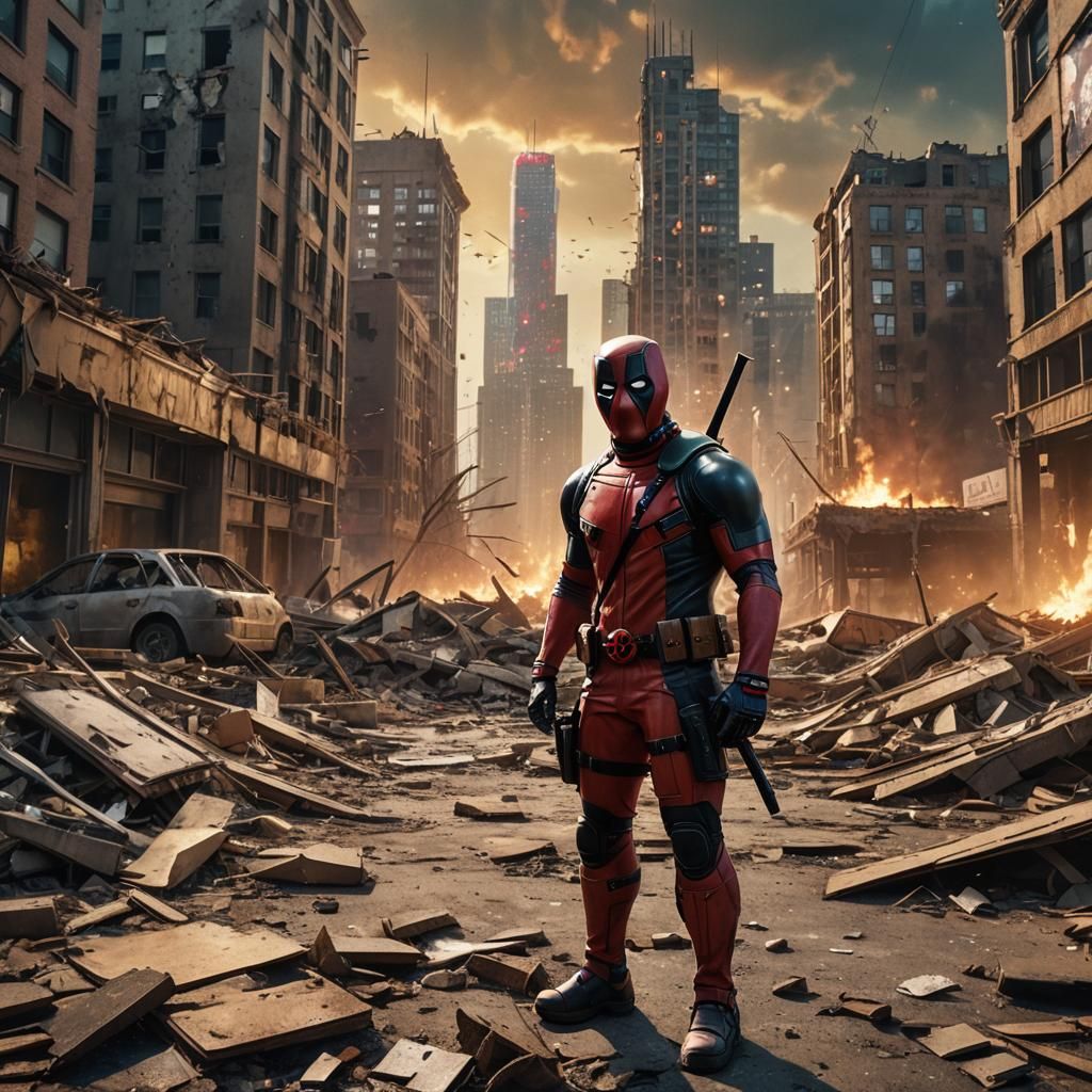 Fat Deadpool in Destroyed Cityscape: Digital Matte Painting
