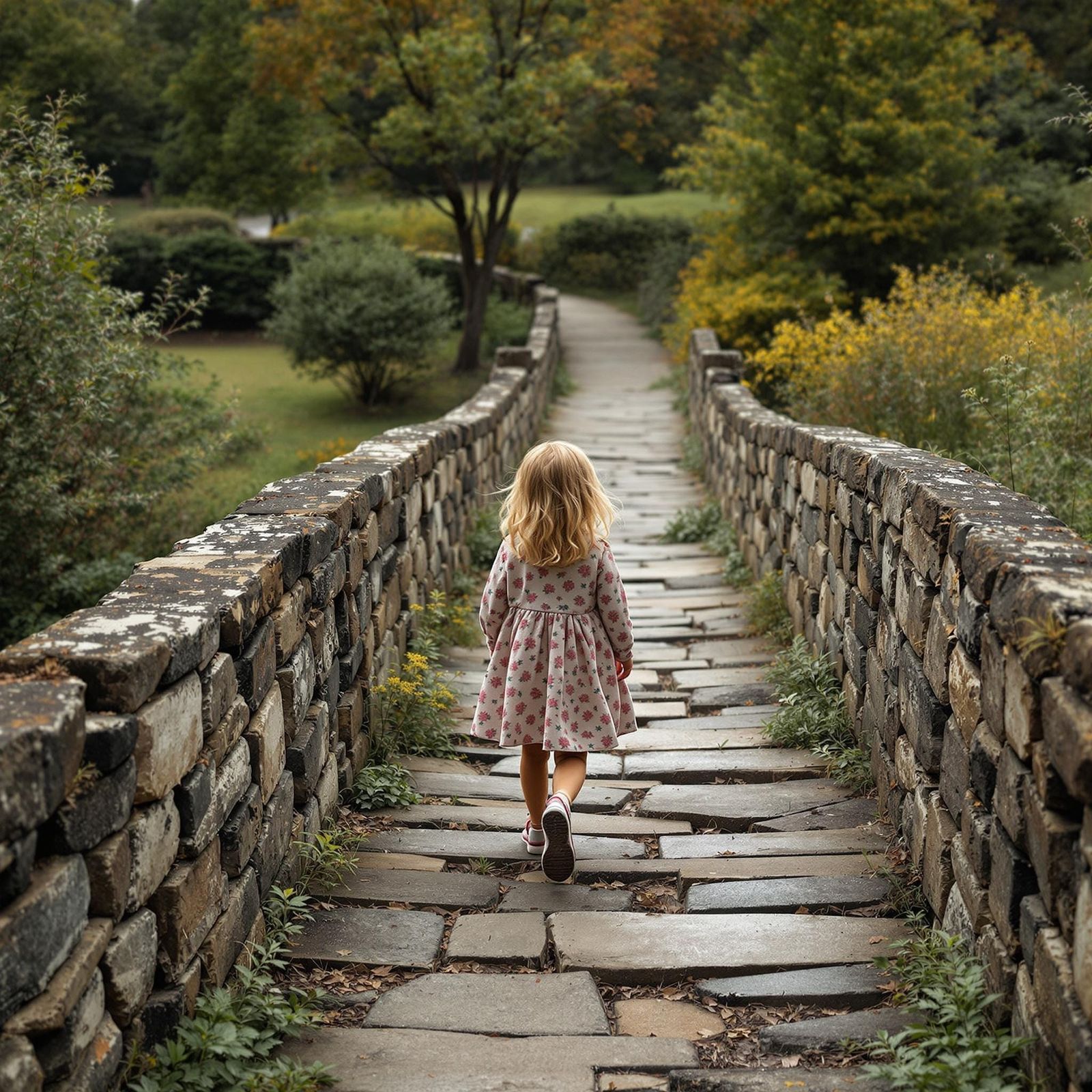 A Young Girl Crosses a Rural Stone Bridge in Hyperrealistic ...