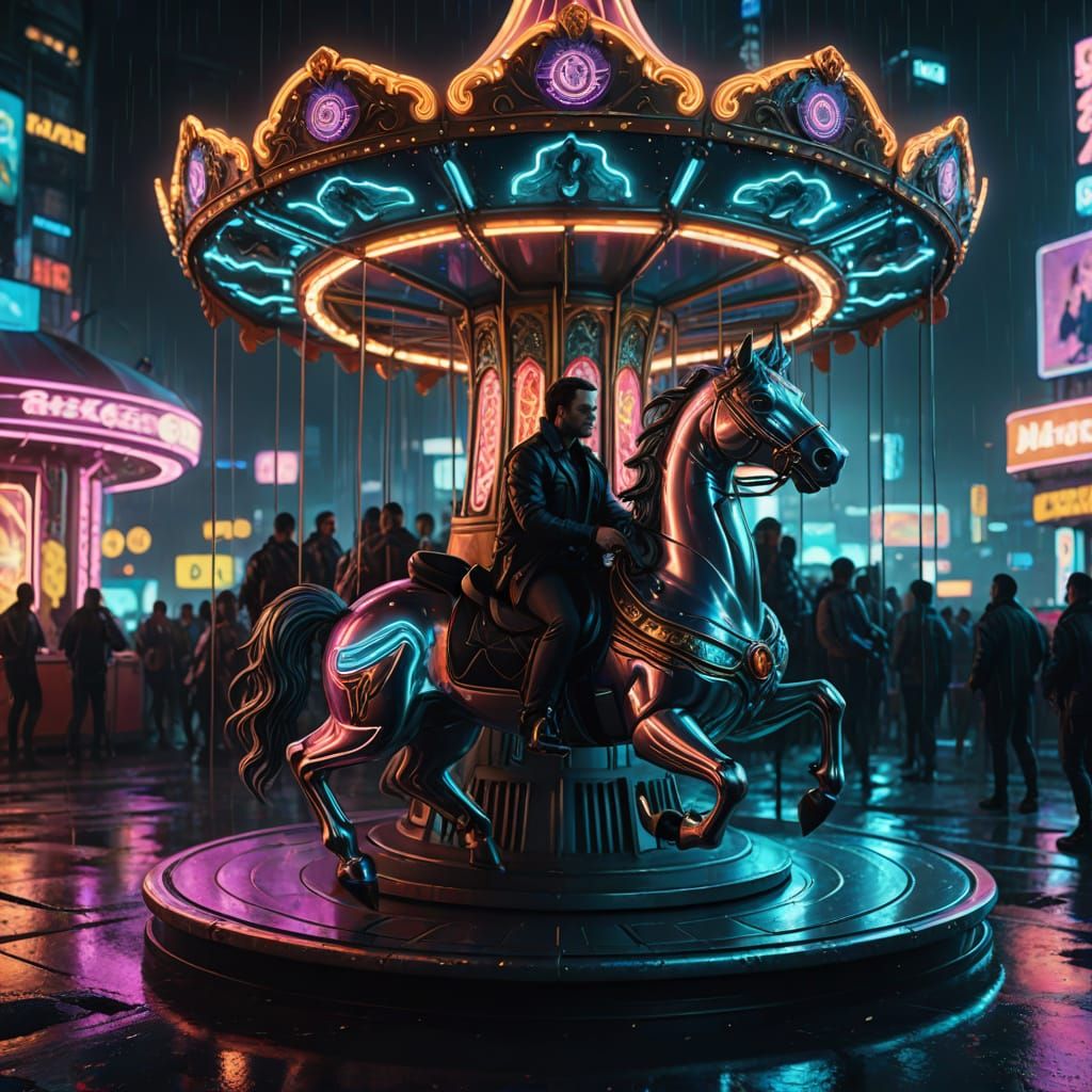 Futuristic Hovering Carousel in Neon Cyberpunk City