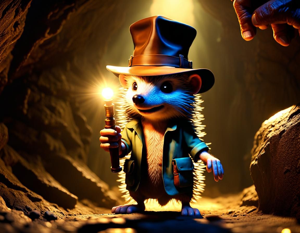 Hedgehog Indiana Jones in Dark Fantasy Cave