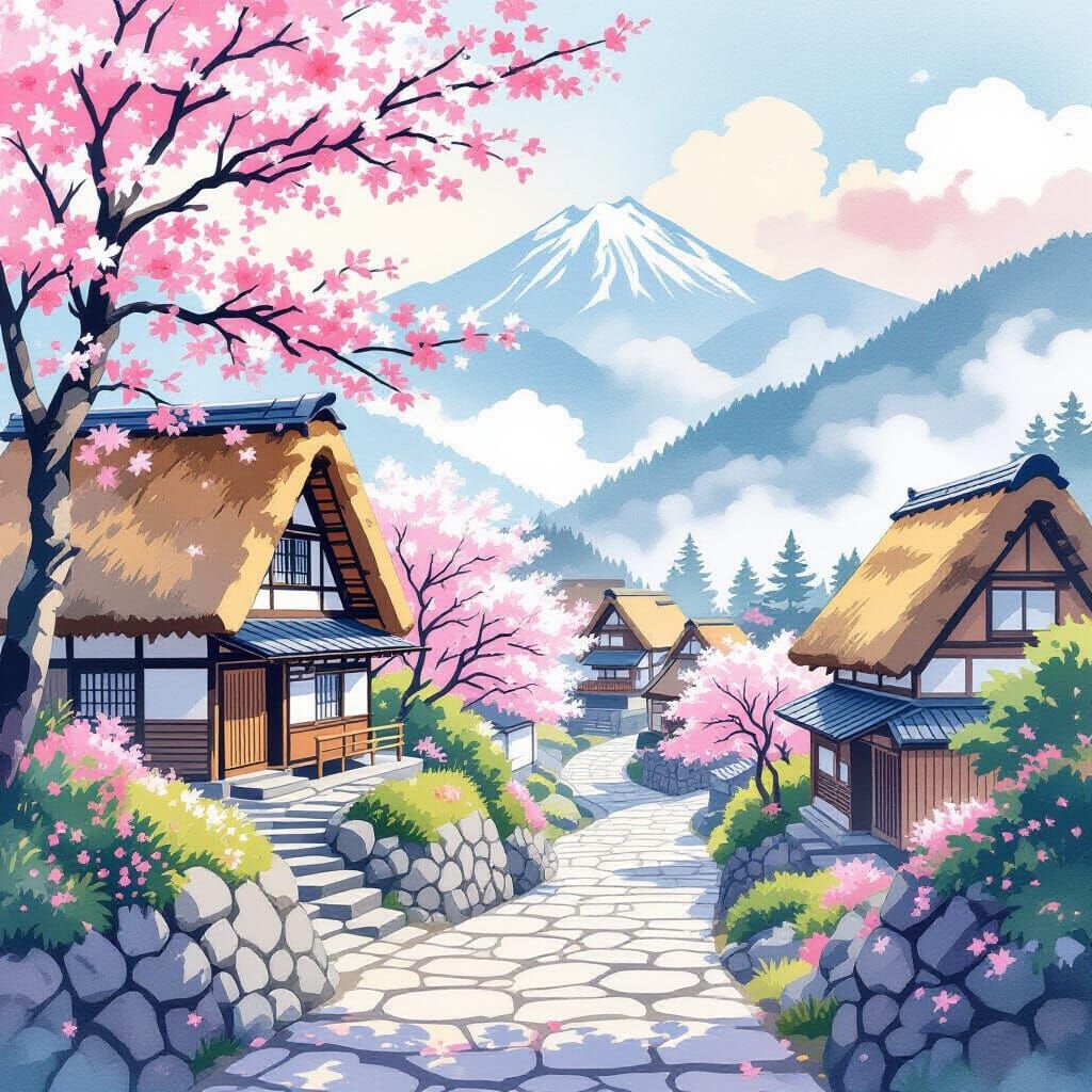 Cherry Blossom Village: Impressionistic Ukiyo-e Mountain Sce...