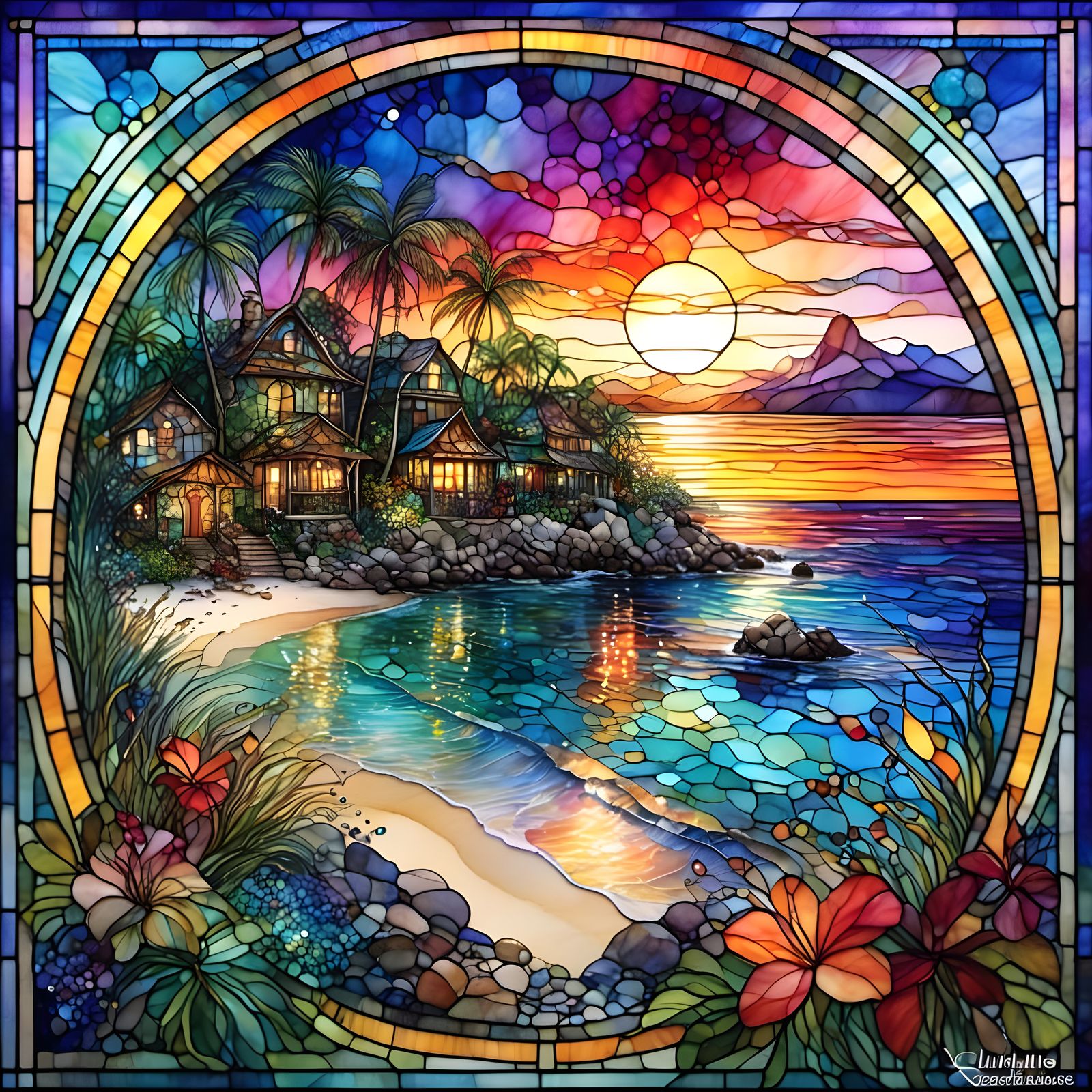 Tropical Village Sunset in Stained Glass Style