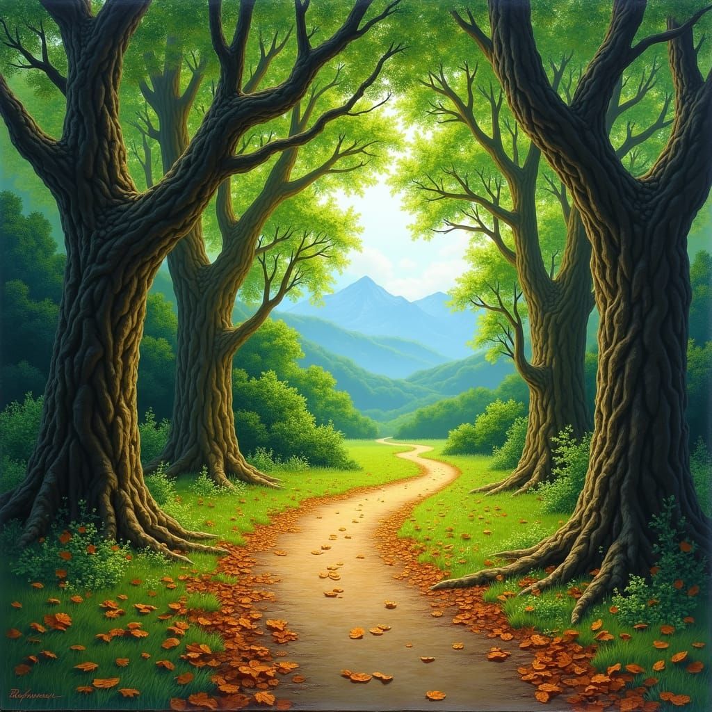 Lush Forest Path Landscape Painting in Earthy Tones