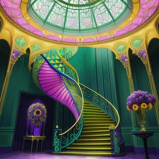 Surreal Mansion Greenhouse Staircase with Mystical Creatures