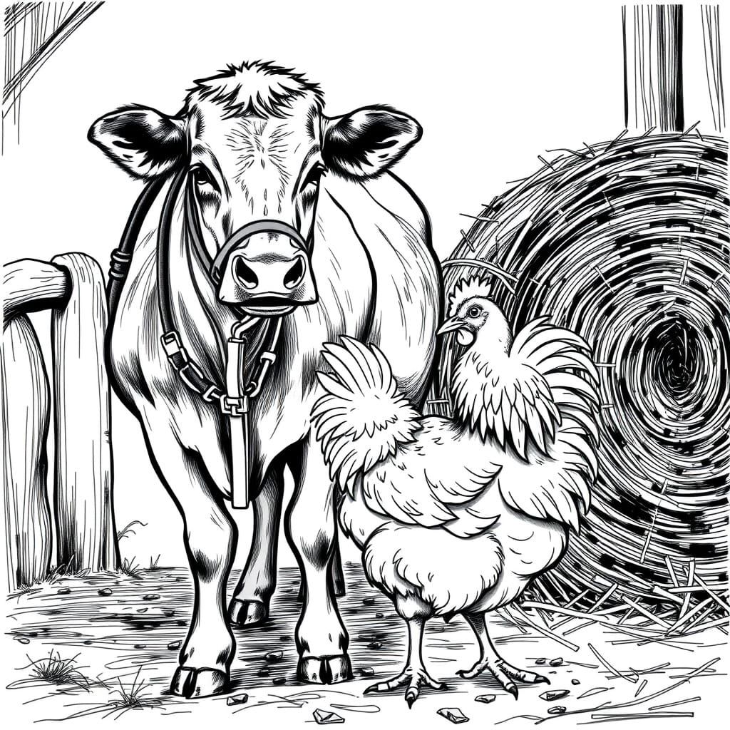 Cow and Chicken Sketch in Farm Setting