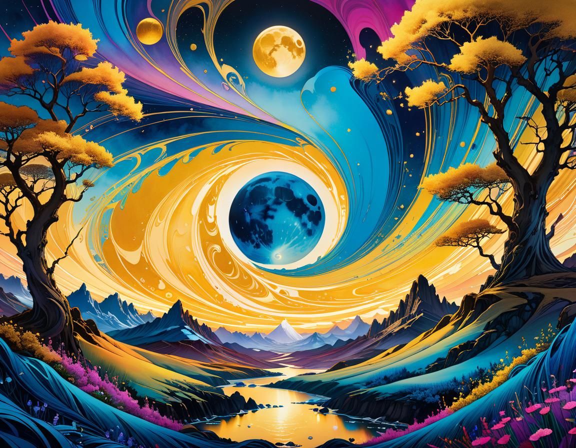 Colorful Moonscape in Line and Watercolor Style