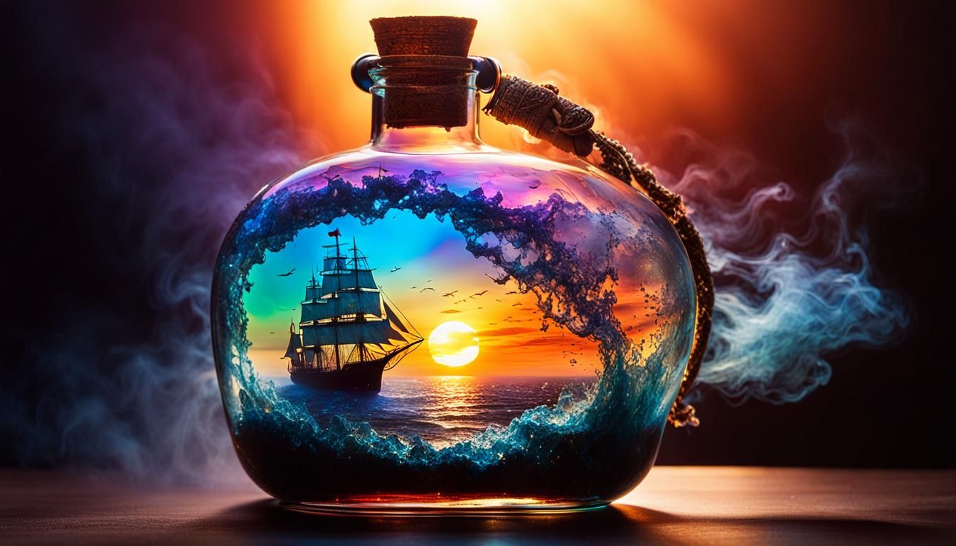Magical ship in a glass bottle,