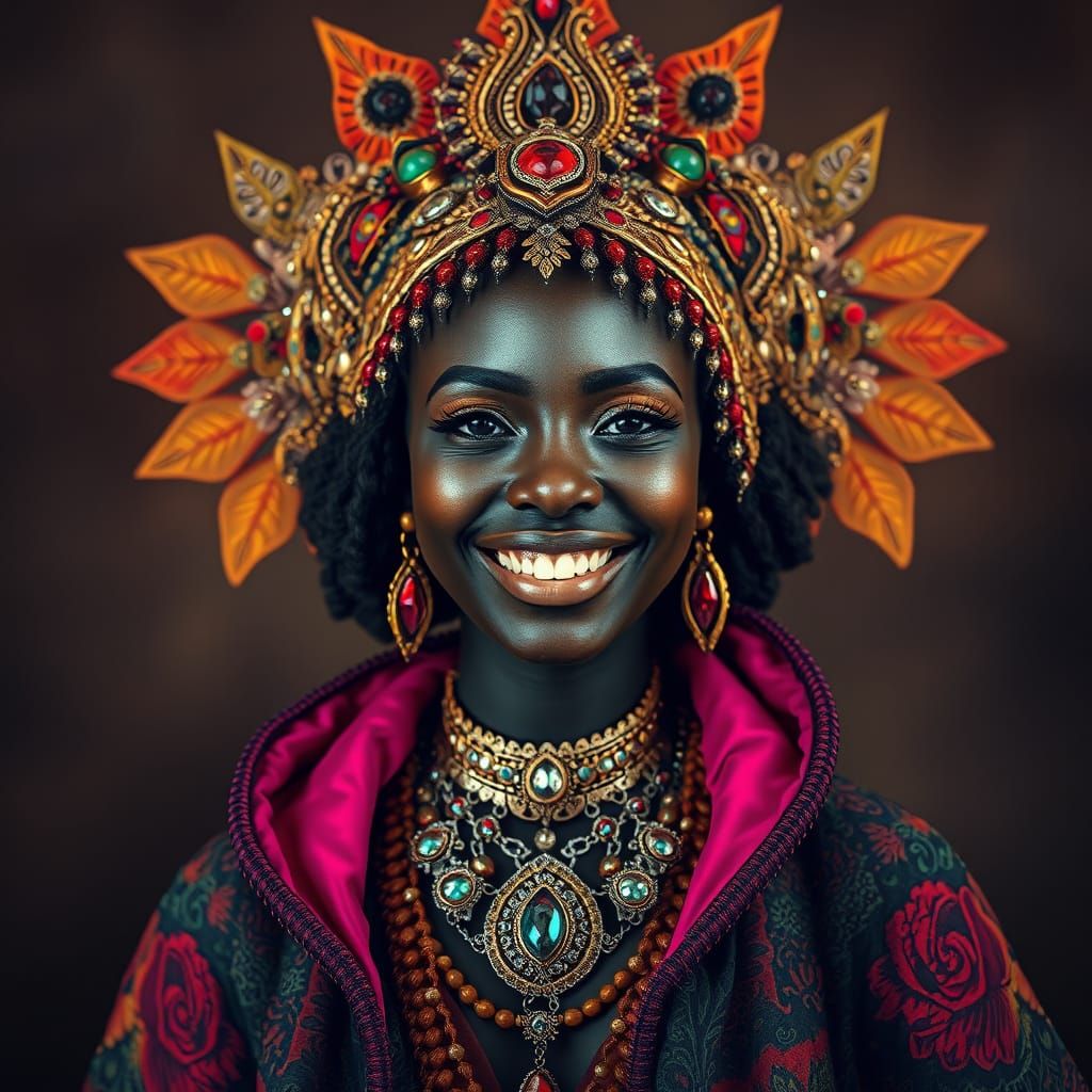Smiling Woman with Ornate Headpiece in Hyperrealism