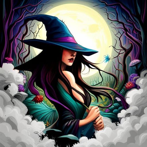Beautiful Witch in Gloomy Forest, Graffiti Art