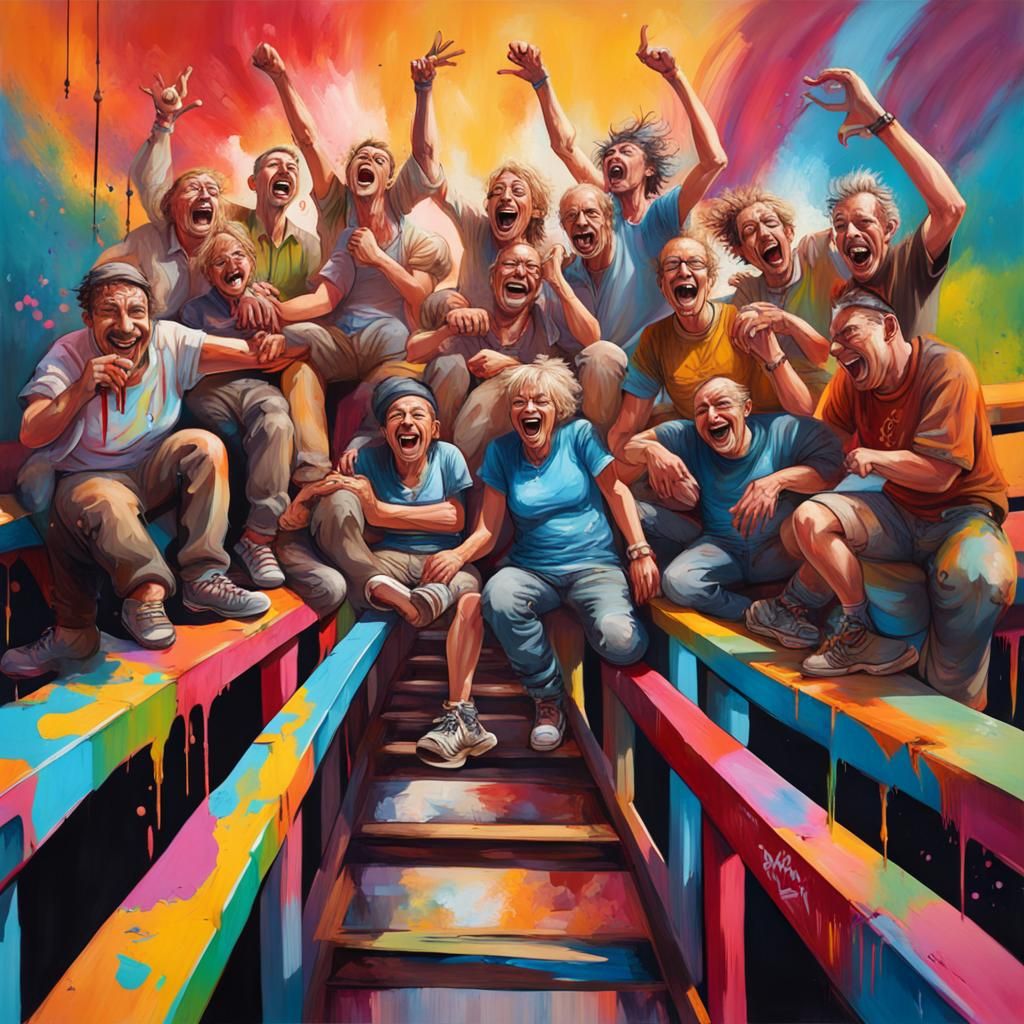 Laughing People on Colorful Bridge in Graffiti Art Style