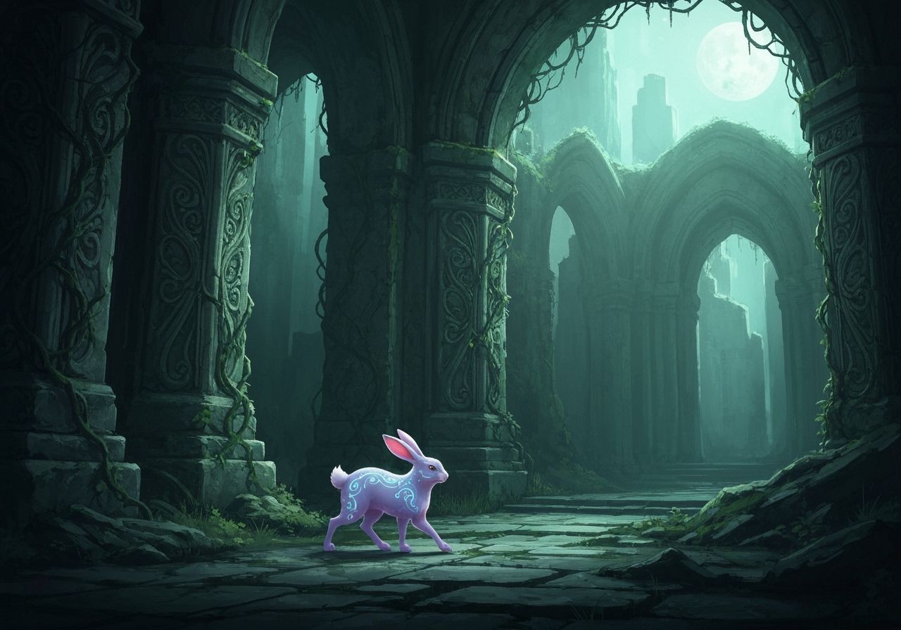 Ethereal Rabbit in Moonlit Art Nouveau Ruins