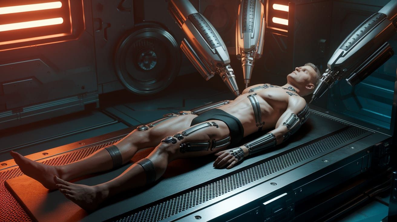 Alien Cybernetic Implants in Cyberpunk Horror Scene