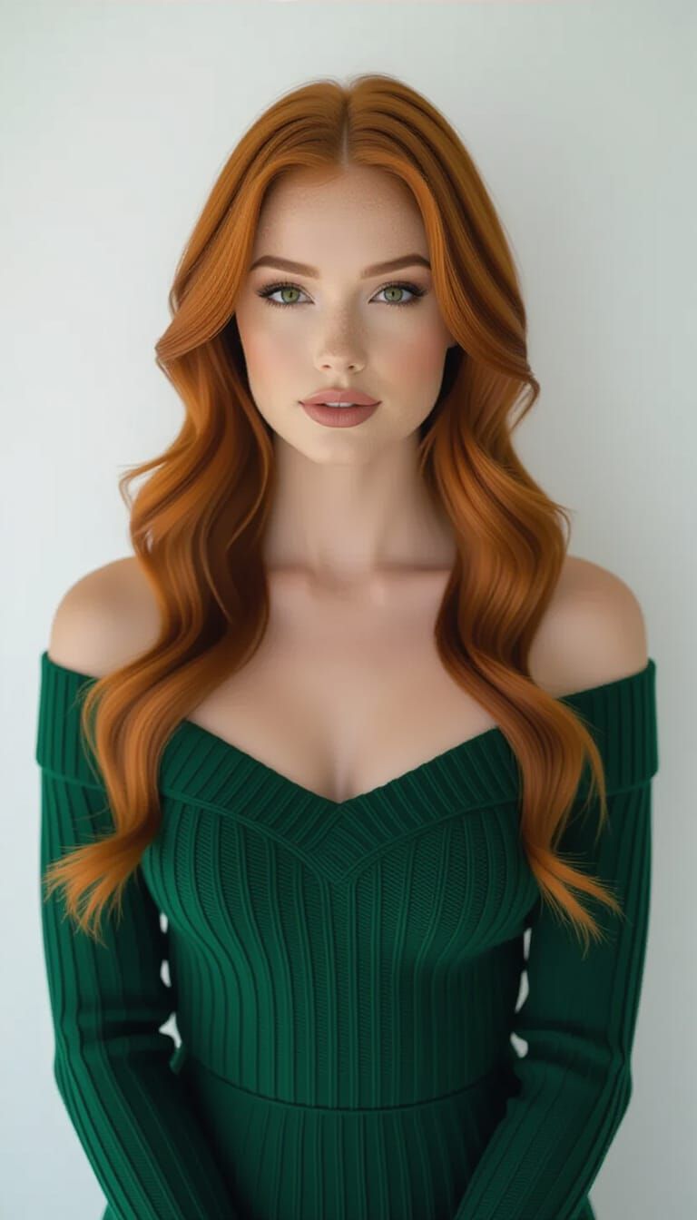 Full Body Portrait of Tanned Amber-Eyed Ginger Woman
