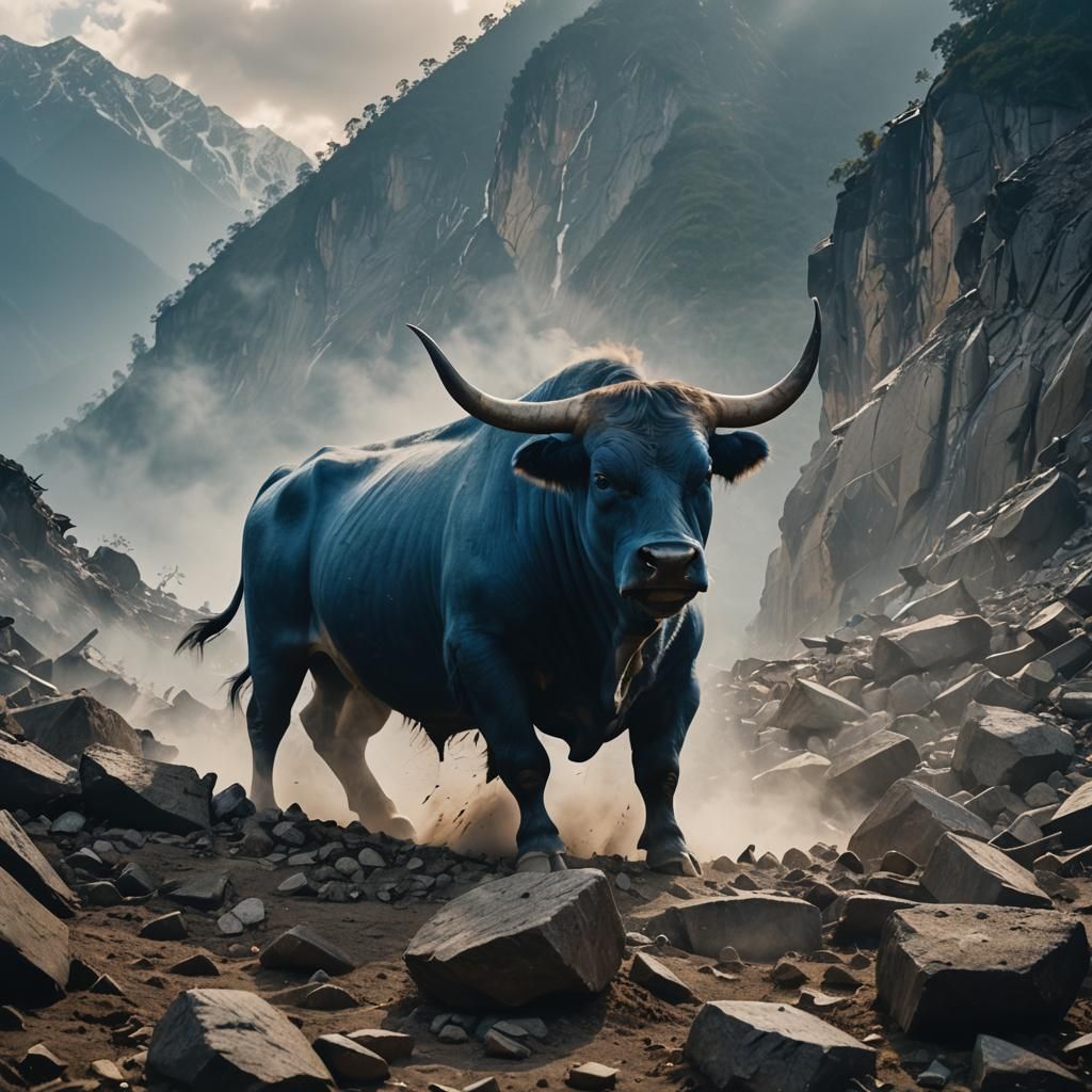 Majestic Blue Bull Emerges from Himalayan Landscape