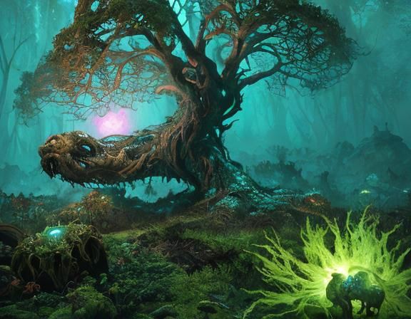 Bioluminescent Surrealist Dreamscape with Mutated Trees