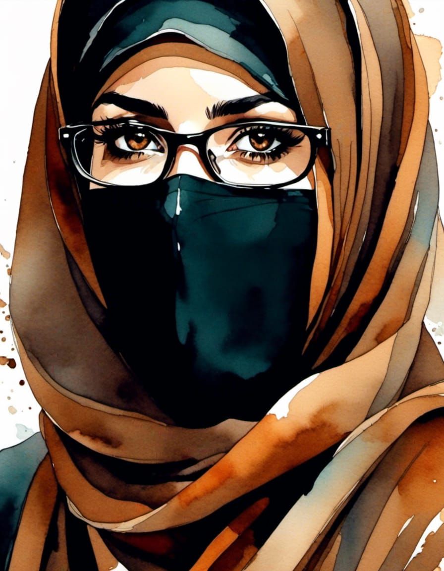 European Woman in Niqab Portrait, Alcohol Ink Style