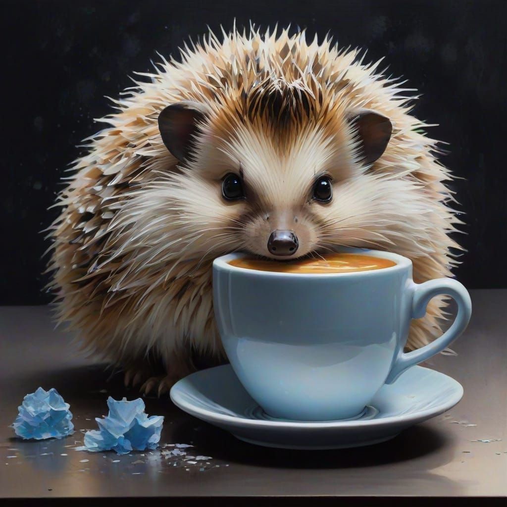Baby Hedgehog and Cappuccino Cup: Impressionist Gouache Pain...