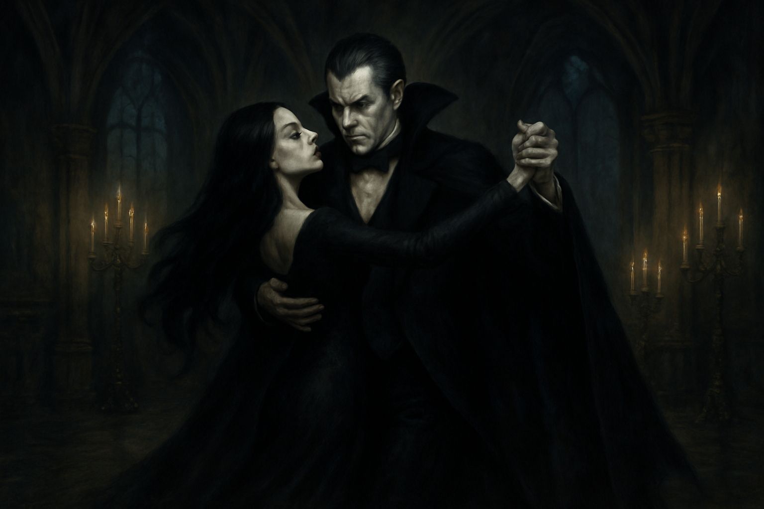 Dracula and Vampira Waltz in Gothic Ballroom