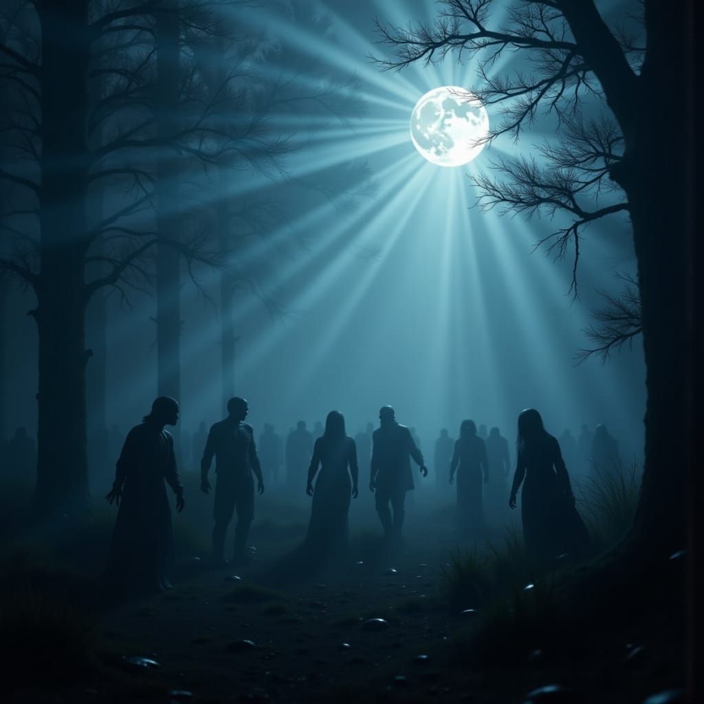 Foggy Forest with Moonlit Undead Horde