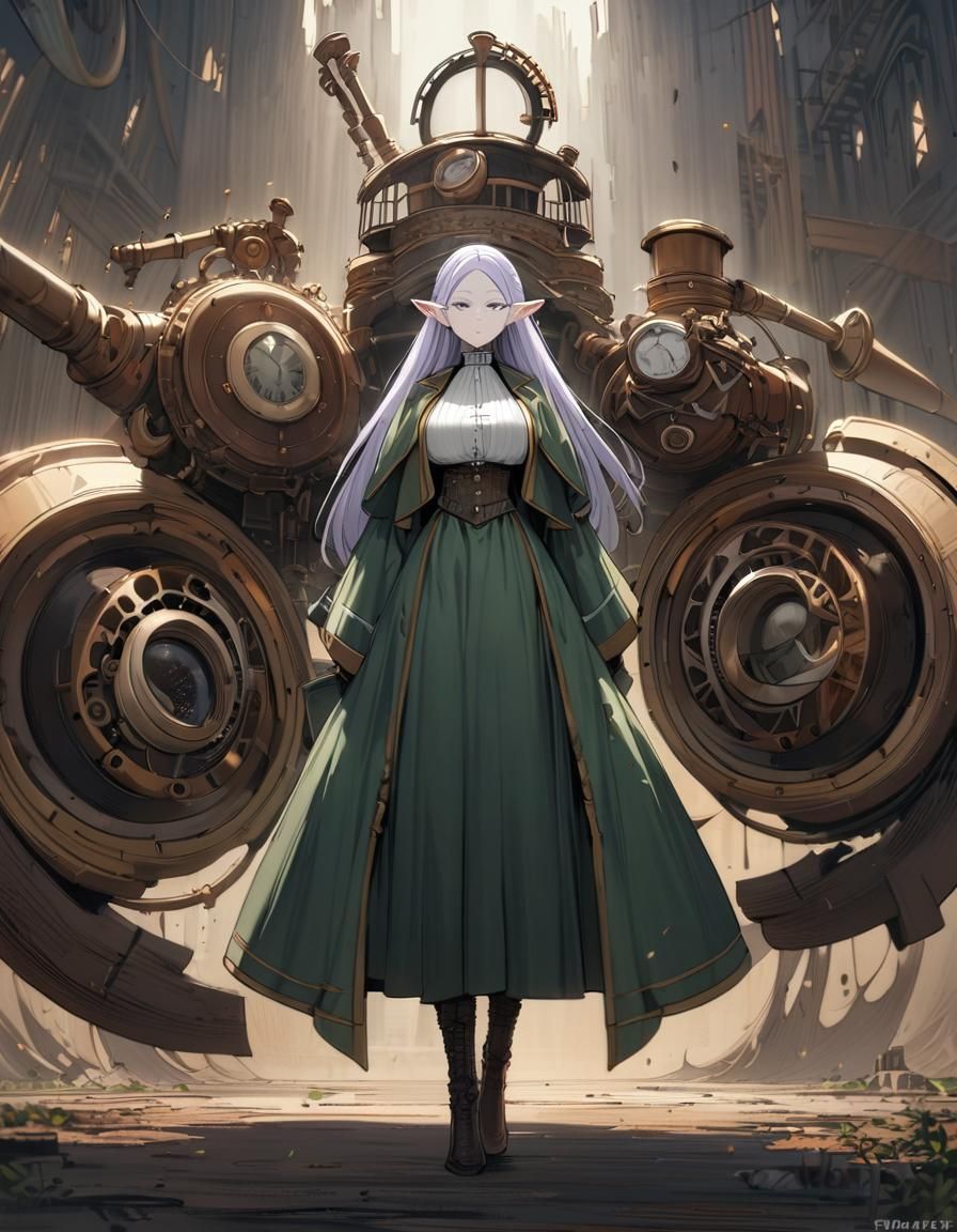 Steampunk Elf Mage Frieren with Magical Machinery