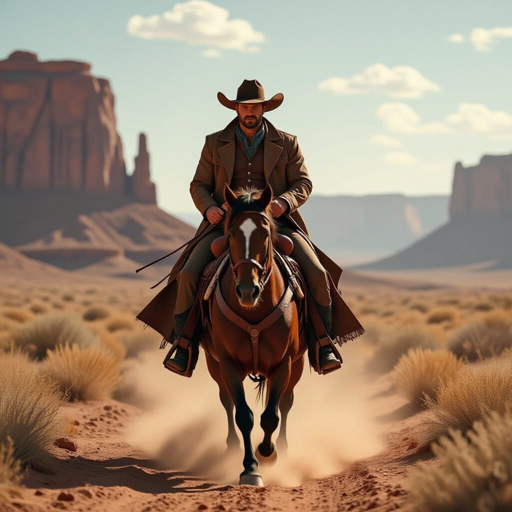 Cowboy Rides Through Dusty Western Landscape