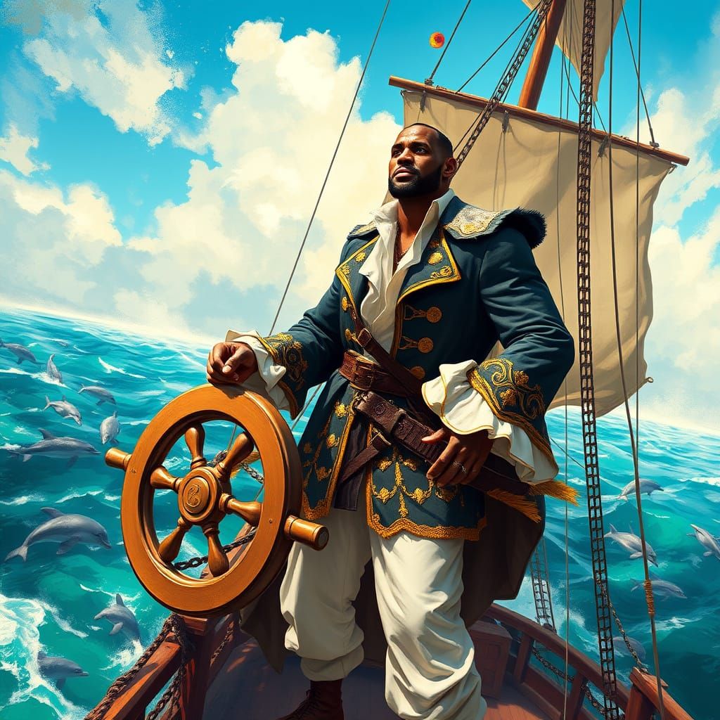 Lebron James as Pirate King at Sea in Golden Coat