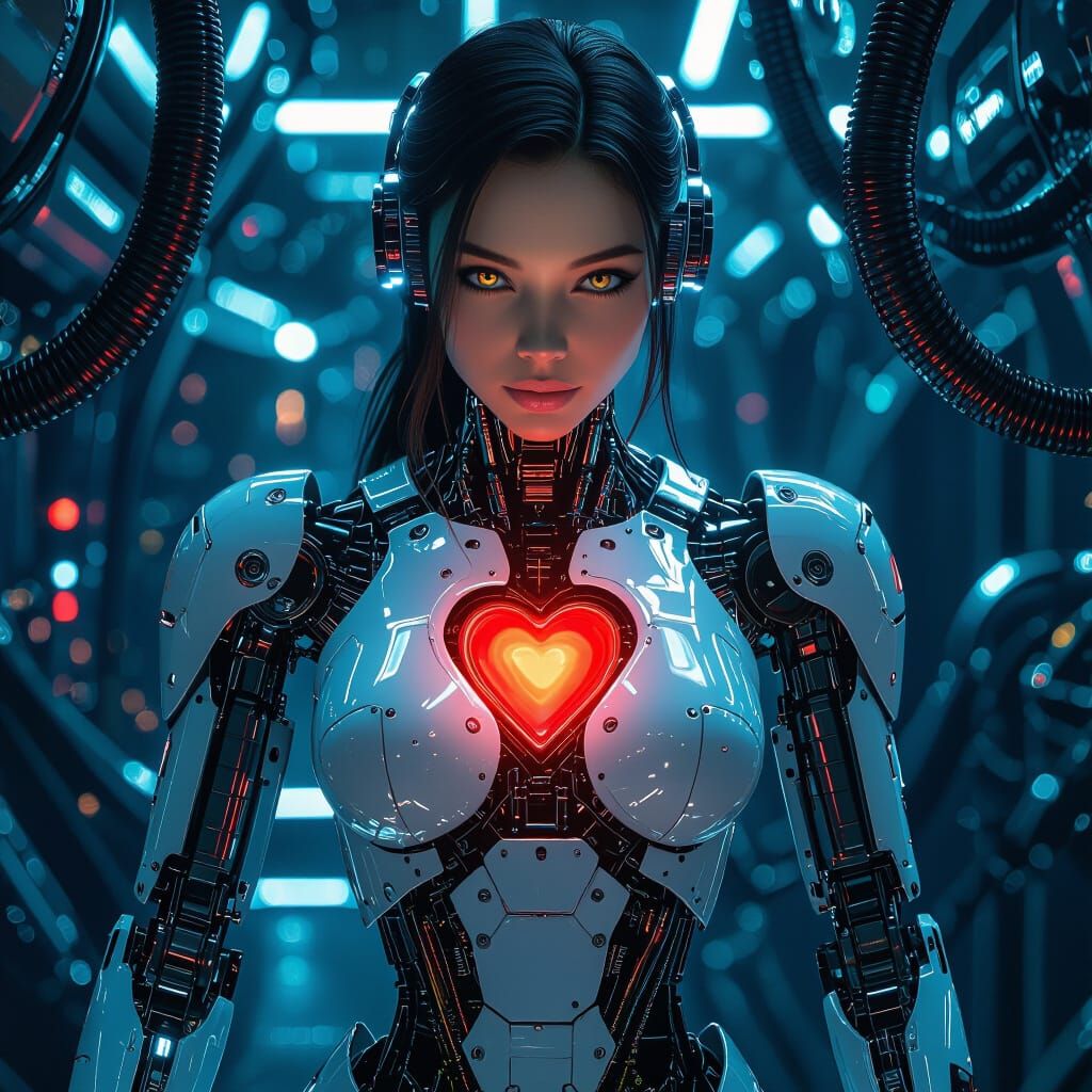 Female Robot with Glowing Heart in Futuristic Style