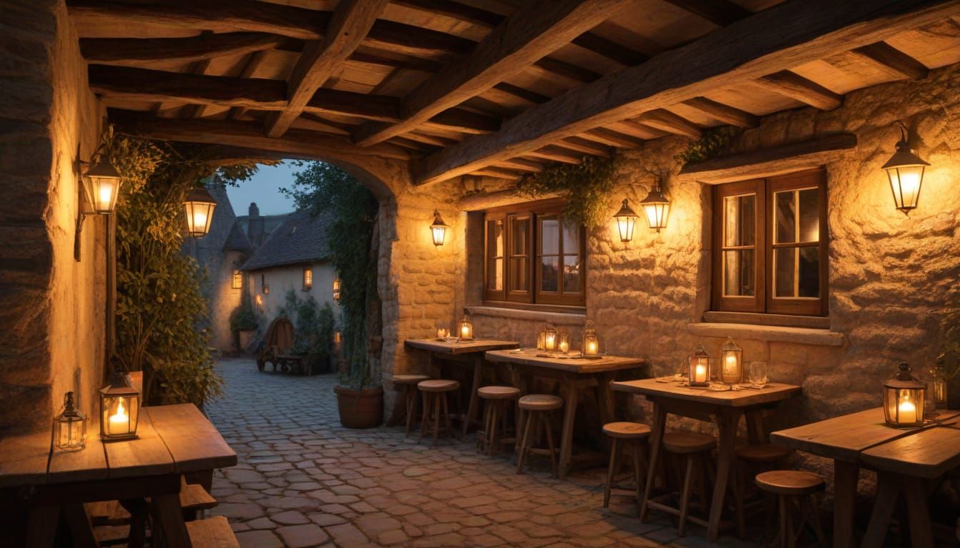 Cozy Tavern in Hidden Courtyard, Whimsical Fantasy Illustrat...