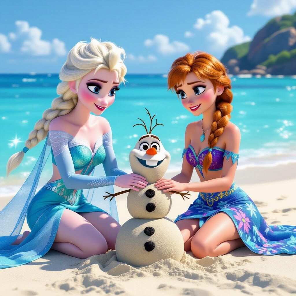 Elsa and Anna building a sandman