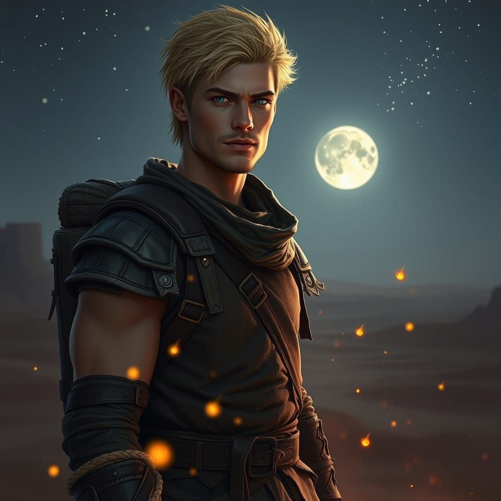 Tall Blonde Adventurer Standing in Desert Night with Ember G...