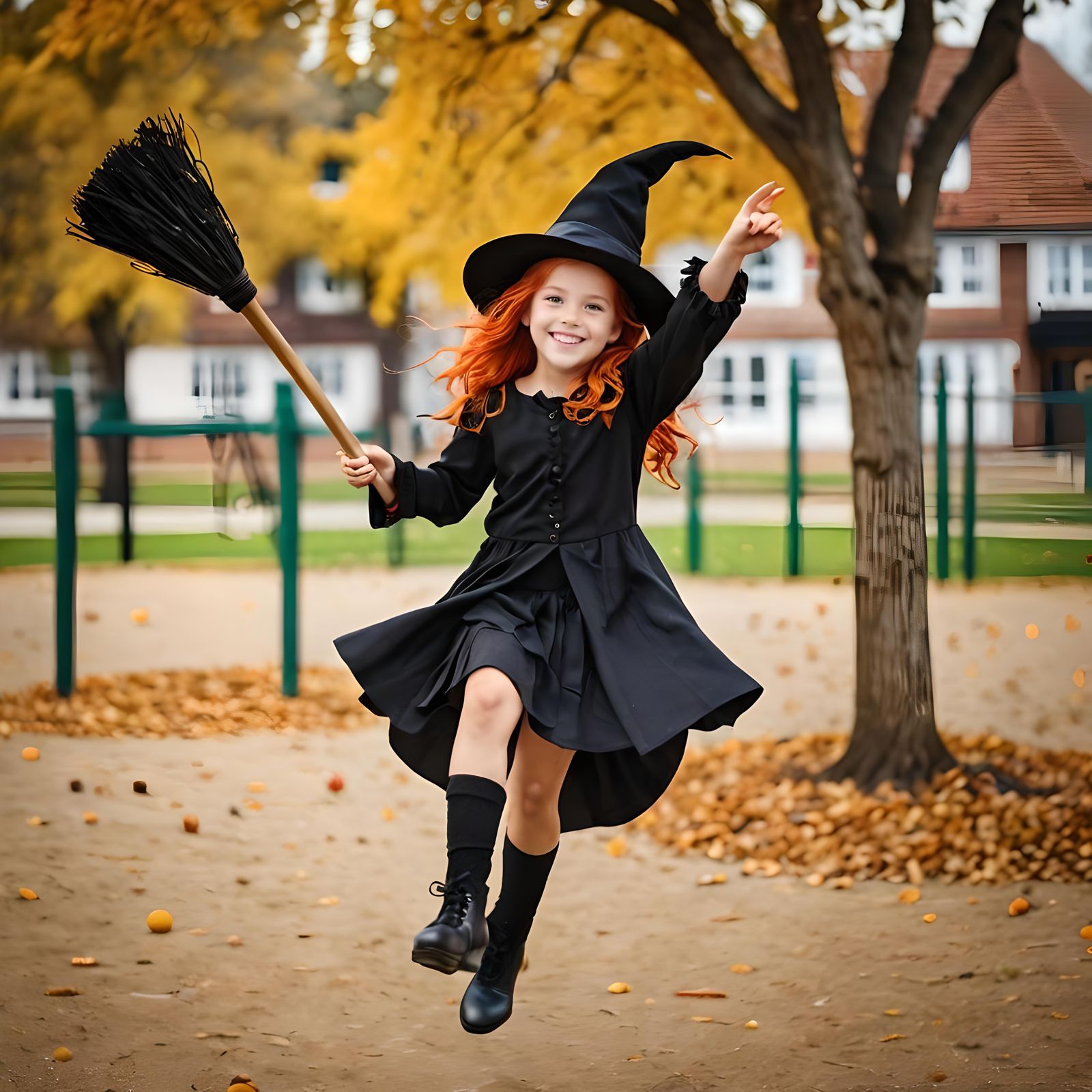 Happy Witch Child Flying on Broomstick