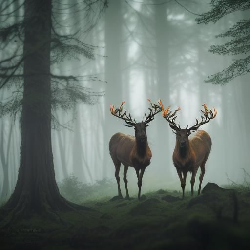 Enchanted Stags with Halos in Mystical Woods