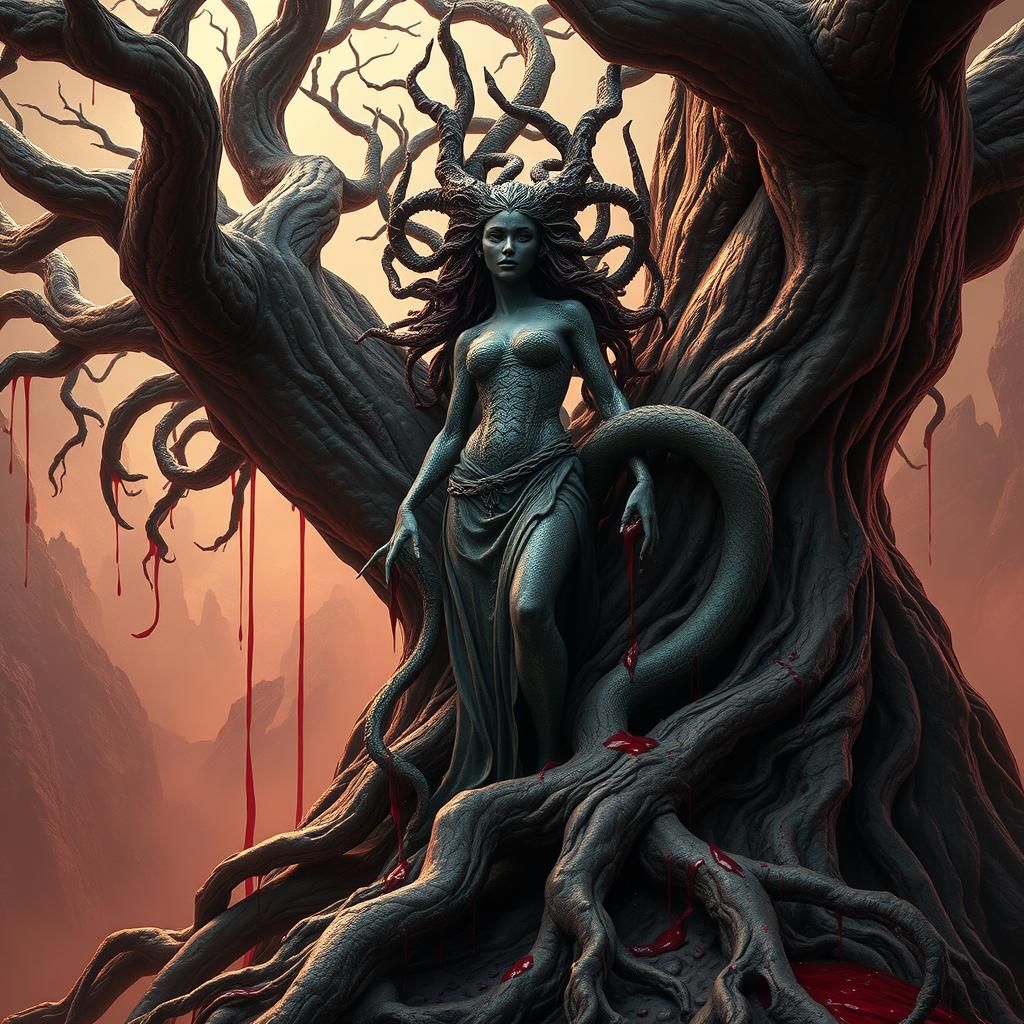 Gothic Medusa Beside Twisted Tree in Dark Surrealism