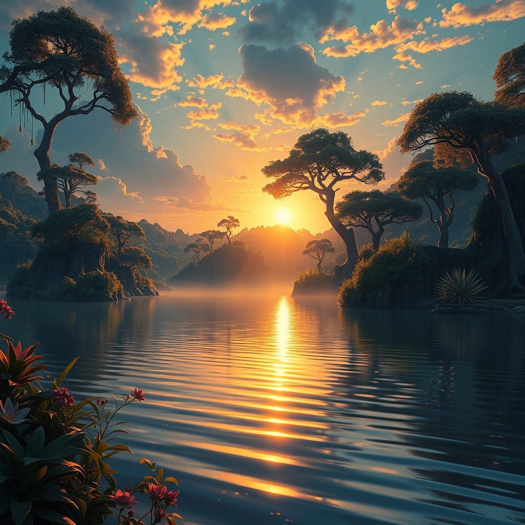 Ethereal Lake at Sunset with Vibrant Vegetation