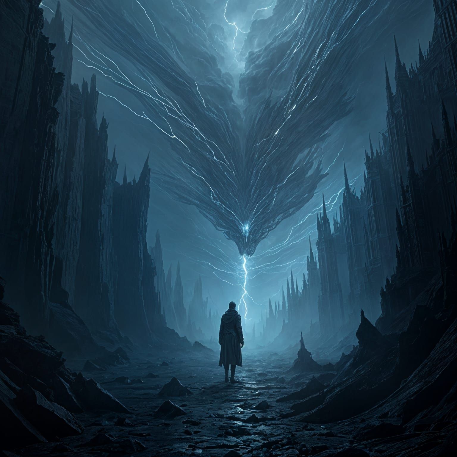 Ominous Energy Swirls in Jagged Void Landscape