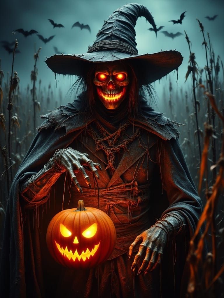 Terrifying Scarecrow with Glowing Jack-o'-Lantern Head