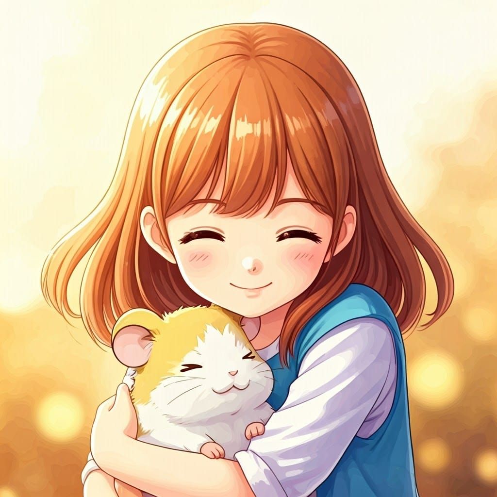 A Young Girl Adores Her Whimsical Hamster in a Soft Watercol...