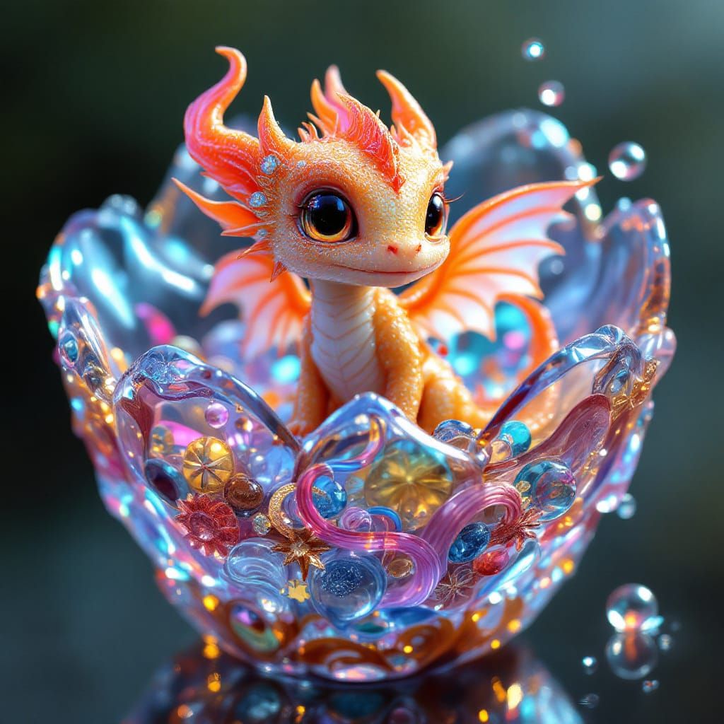 Baby Dragon in Glass Flower with Jewelry