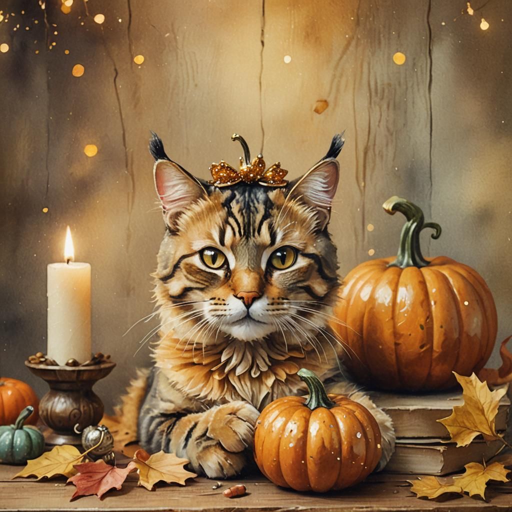 Whimsical Pumpkin with Cat Ears in Watercolor Style