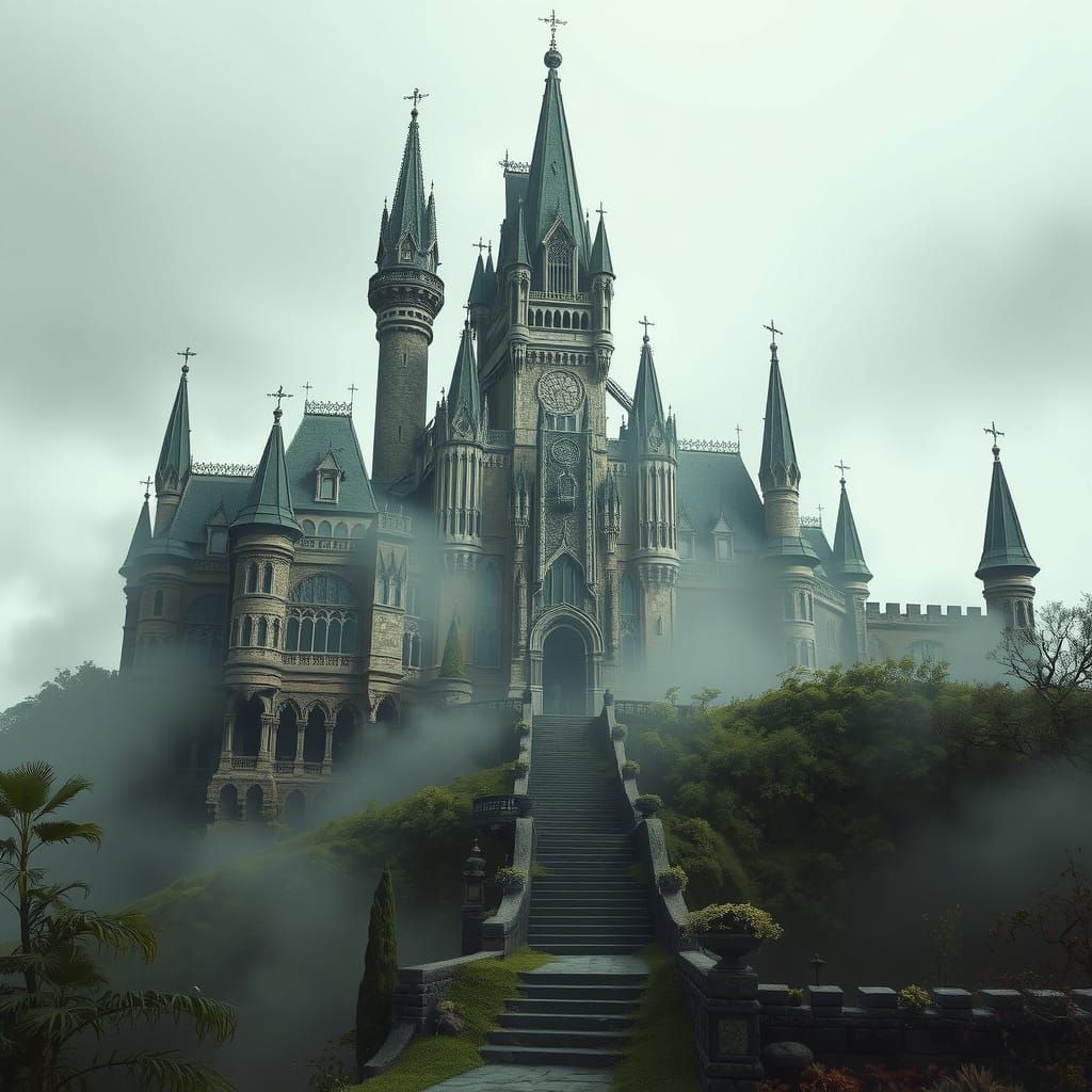 Ethereal Dark Castle Towers Over Haunted Landscape