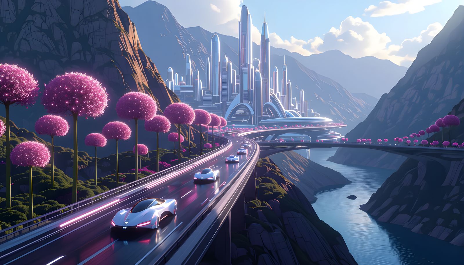 Futuristic Cityscape with Cars on Mountain Freeway