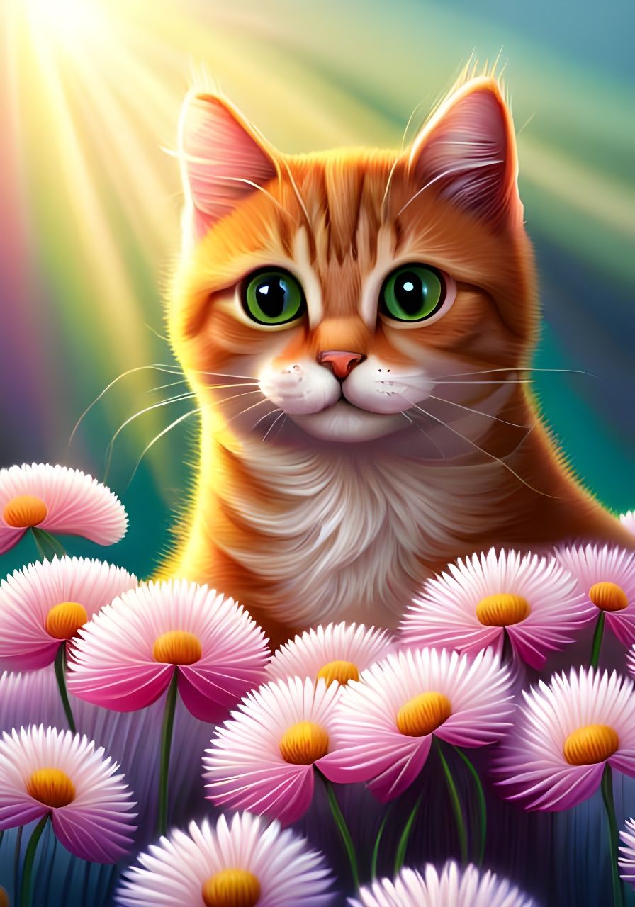 Cute Cat with Flowers in Dreamland