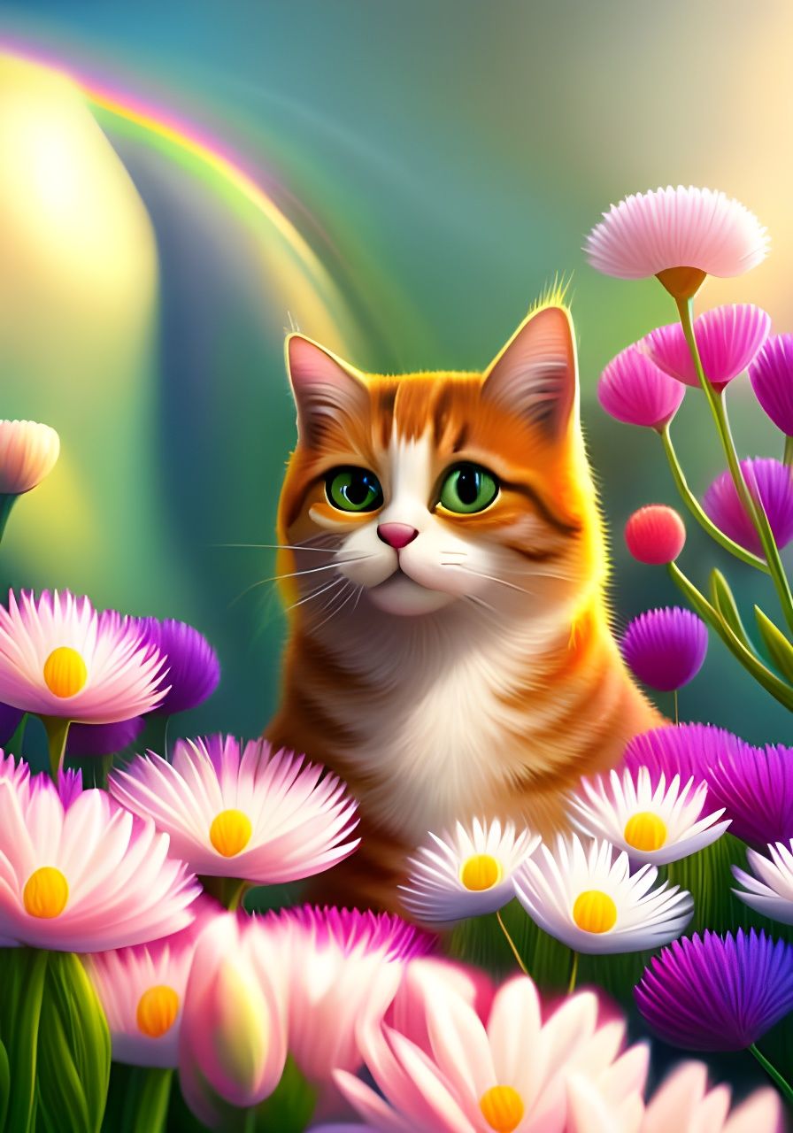 Dreamland Cat with Flowers in Digital Painting Style