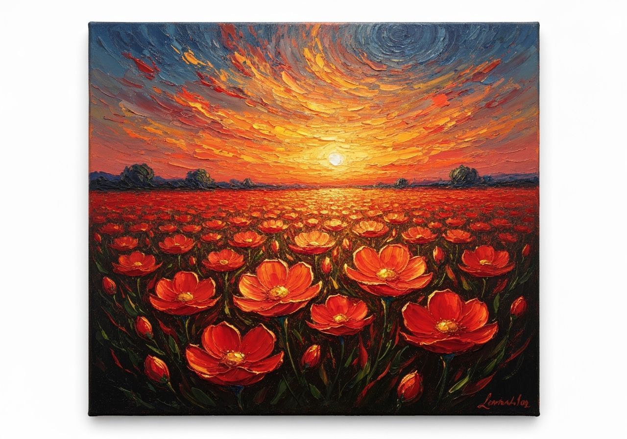 Fire-Red Flowers Bloom in Impasto Painting Style