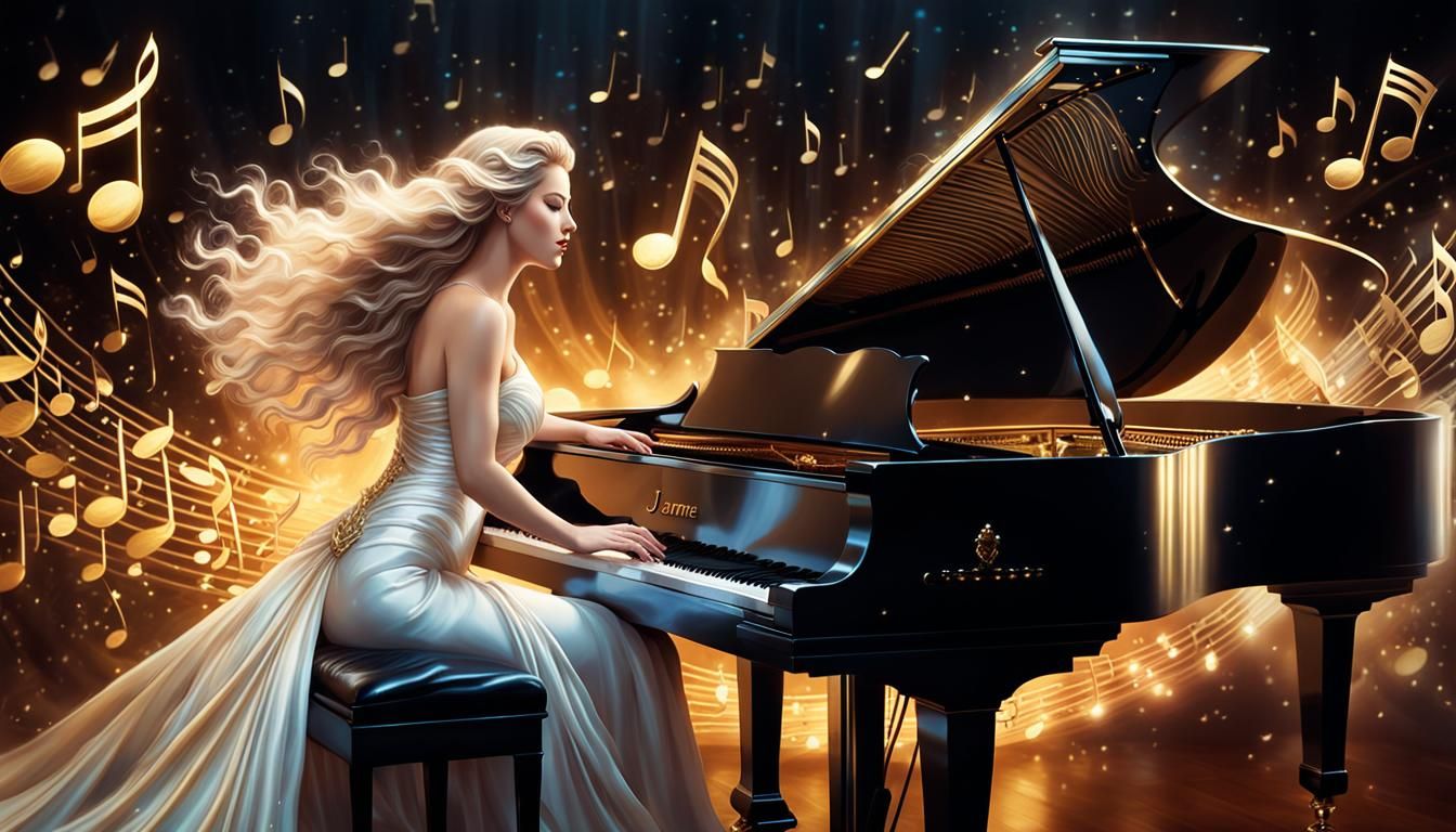 Dreamy Goddess Plays Piano in Whirlwind of Musical Notes