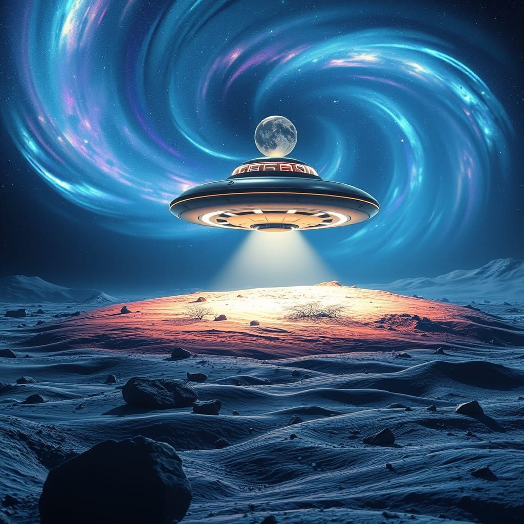 Futuristic UFO in Dreamlike Lunar Landscape